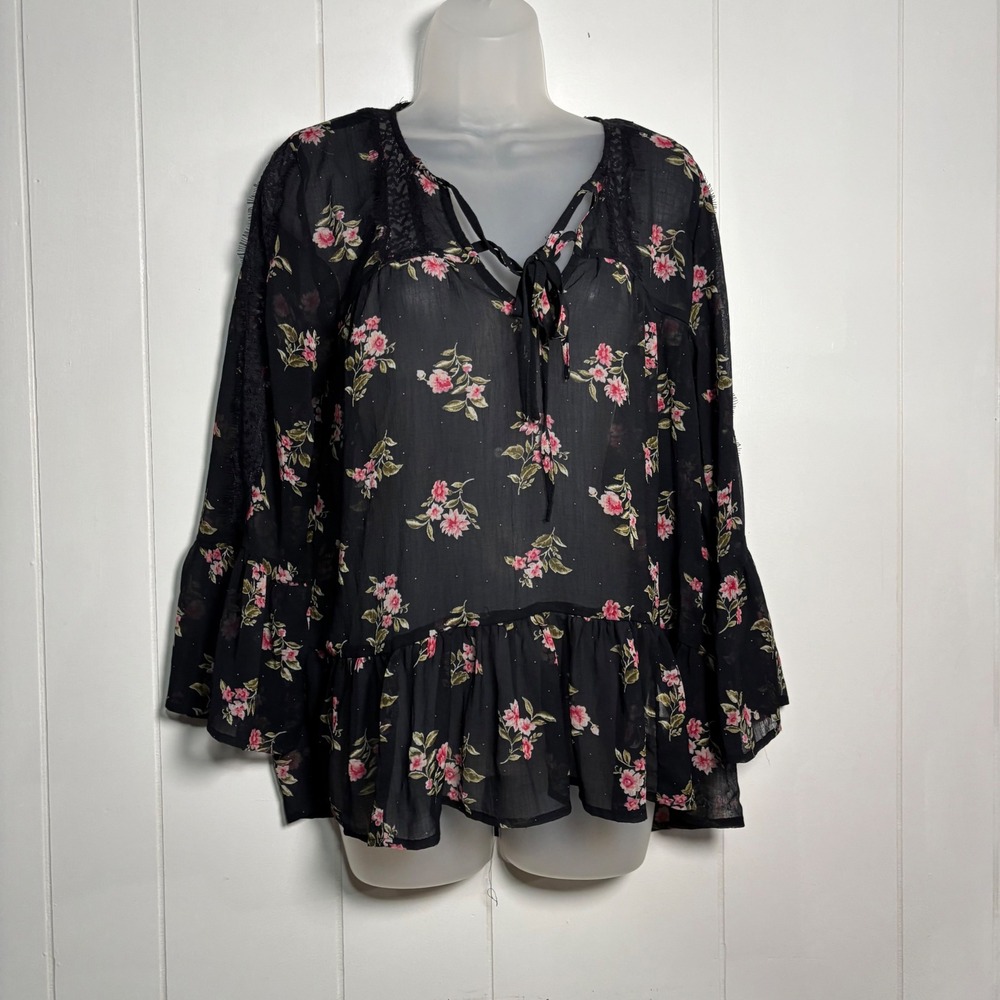 American Eagle Sheer Black Floral Lace Trim Bell Sleeve Peplum Blouse Small Goth